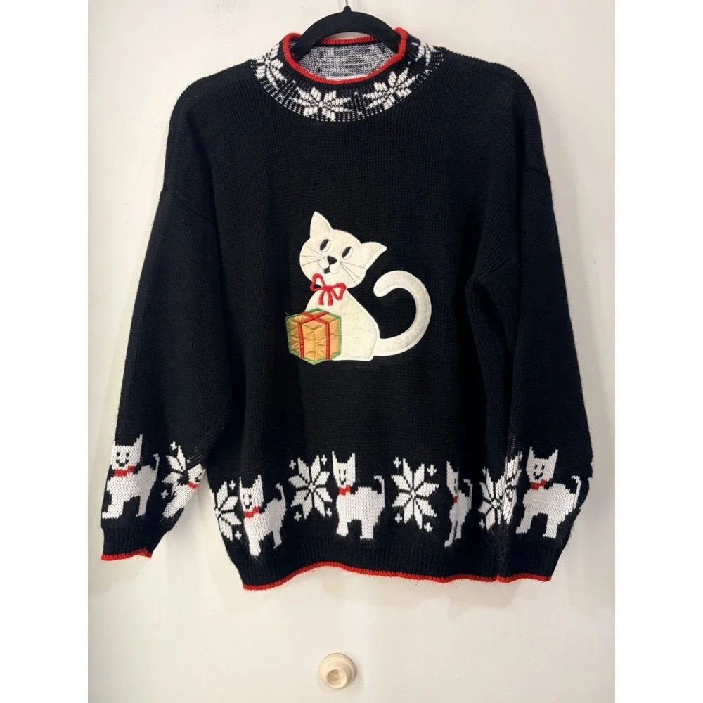 Vintage Sweater Exchange Cat Christmas Sweater Gift Applique USA Medium 90s
